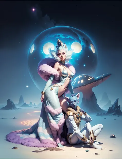 A sexy space vixen, vamp, and her space alien monkey boy, on an alien planet, she wears a very strange mushroom like fur coat, he sits at her feet on the ground in a loin clothe, on an alien planet, starry, background, 8k resolution, hyperdetailed.