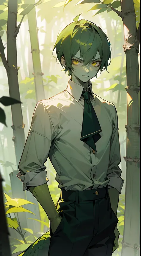 1boy,solo,20s,(((green skin))),serious face,white shirt,black pants, green hair,short hair,yellow eyes,lizard tail,(((standing in front of a forest)))