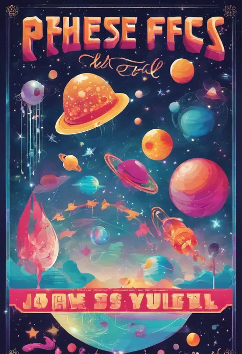 The music festival poster ,Bold letters and event logo, jellyfish and large bubbles, Six musicians in the center of the picture