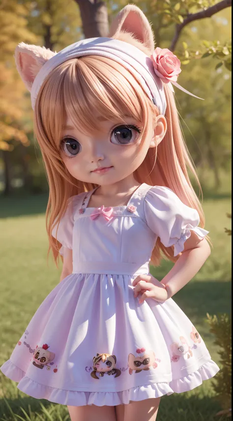 Cute baby chibi anime,(((chibi 3d))) (Best quality) (Master price)、Chibi model、white and purple dress、Tiger head hat、Autumn in the fairytale forest、Lots of realistic roses、In both hands、Have a gun