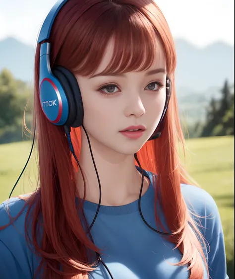 there is a young woman with long hair and a blue shirt she is wearing a headset, wearing a headphone, shot on 4k, head centered portrait, 70mm portrait, redhaired young woman, 4k asymmetrical portrait, portrait and the young woman at the right 4k, she is w...