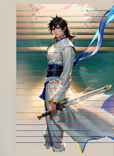 A young man with thick jet-black hair, Medium-length hair, clear and bright eyes, a relaxed and composed demeanor, handsome features, stands by the side of a vast and bright lake, dressed in a loose white robe, the hem flowing gracefully in the wind, wide ...