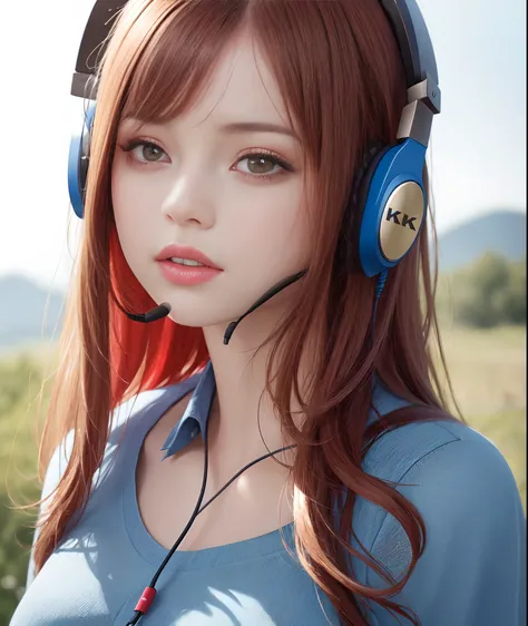 there is a young woman with long hair and a blue shirt she is wearing a headset, wearing a headphone, shot on 4k, head centered portrait, 70mm portrait, redhaired young woman, 4k asymmetrical portrait, portrait and the young woman at the right 4k, she is w...