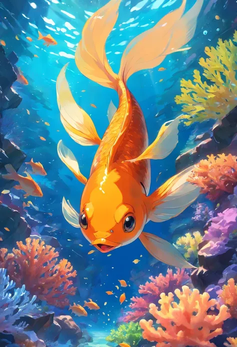 Illustration of an orange goldfish swimming among colorful corals.]