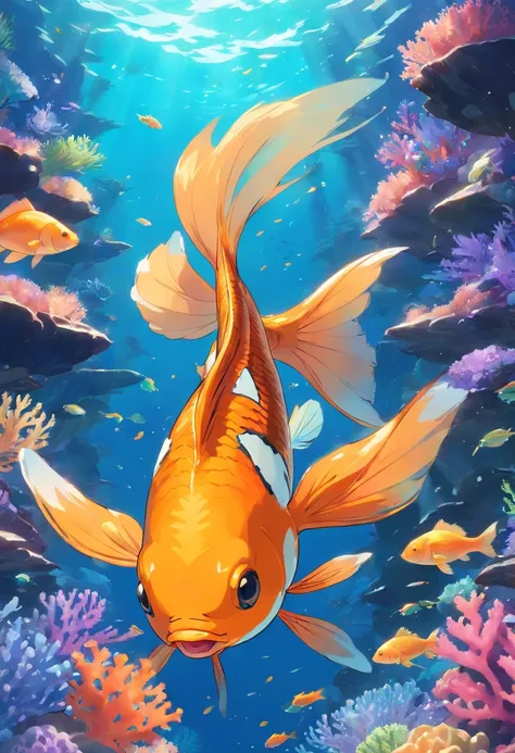 Illustration of an orange goldfish swimming among colorful corals.]