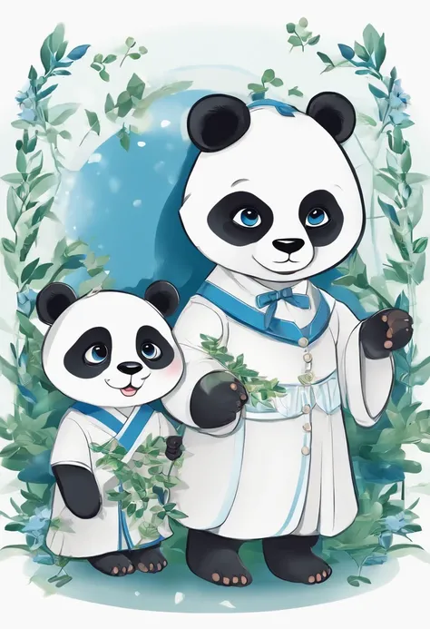 Panda de dibujos animados sosteniendo una bandeja con un letrero azul y blanco, anthropomorphic panda, mascot illustration, Sirviente vestido, Illustration of a panda, Pegatina de telegrama, panda anime en un disfraz de sirvienta, The panda is smiling,