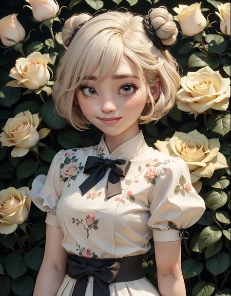 ((Short hair girl, bun hairstyle, Light-colored hair:1.2))，(pretty eyes:1)，Bow knot，(Hefty Smile:1)，（Accurate perfect Korean female face:1.2），full bodyesbian，frontage:1，centered composition，closeup view，hyper HD，(In the garden where the roses bloom)，Chines...