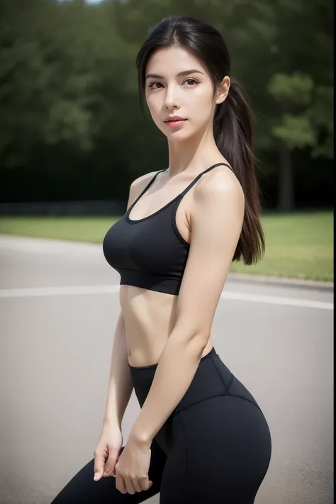 Photo of Beautiful face hispanic Woman, cute posing, Summer, 80mm, pitch black yoga pants and no logos, pitch black workout clothes with no logo, black sports bra without logo, beautiful outdoors, full body view, visible legs, non see through workout cloth...