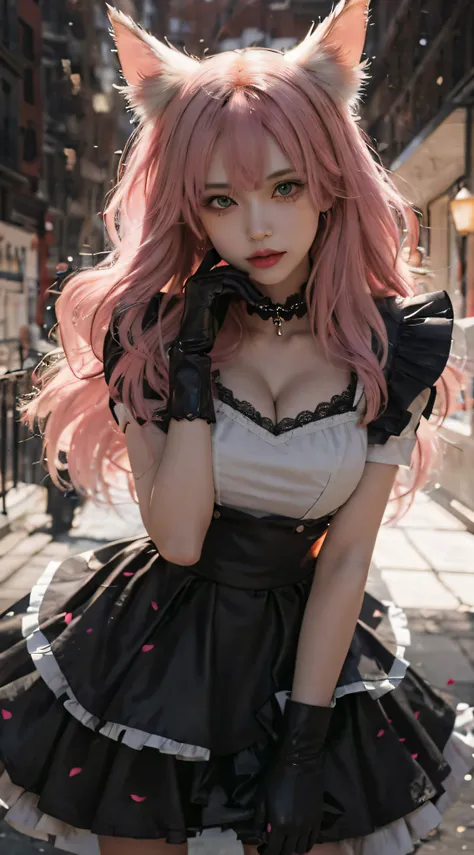 Close-up of a woman with pink hair in a dress,the maid outfit，Sexy maid，black glove， cleavage，Guviz-style artwork, Guviz, anime girl in a maid costume, 8K high quality detailed art, Guweiz in Pixiv ArtStation, Fantasy art style, beautiful anime catgirl, an...