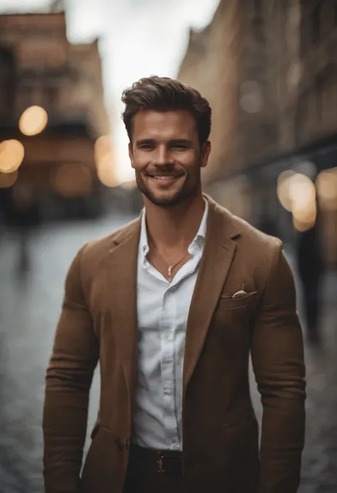 masterpiece, professional  photo  of a  handsome man mode, large testicles, penis, fitness model, bokeh, smile, short hair, in city center