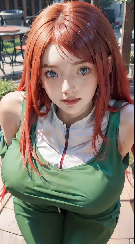 1girl, uzumaki kushina in anime naruto, long hair, red hair, blue eyes, smile, beautiful, sexy dress, sexy clothes, green clothes, very big breast, realistic clothes, detail clothes, outdoor background, ultra detail, realistic