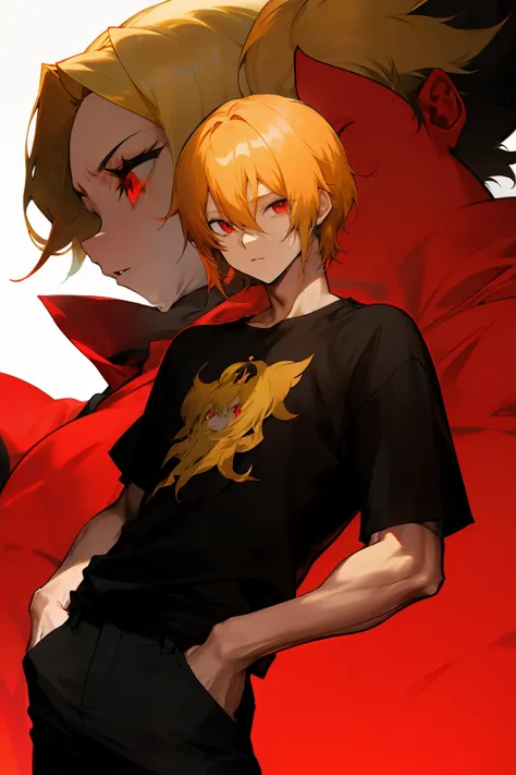 anime, boy, gold hair, short hair, red eyes, stylish tshirt, black pants, straight royalty hair,