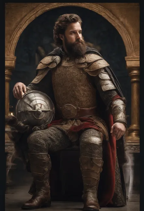 manly handsome king in latex armor standing in front of his magical kingdom, small servant man with full beard in front, shaved head, revealing, (big bulge:1.2)