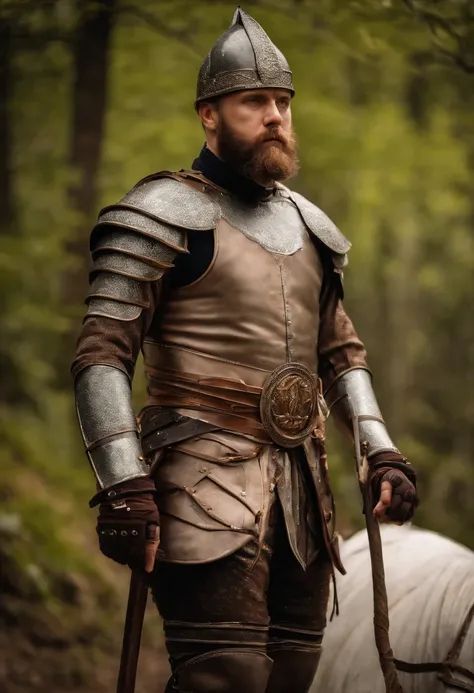 manly handsome king in latex armor standing in front of his magical kingdom, small servant man with full beard in front, shaved head, revealing, (big bulge:1.2)