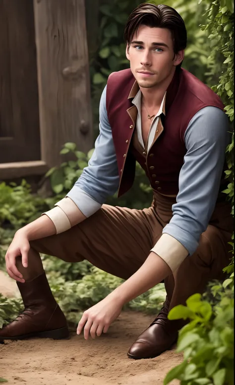 a boy (Derek Klena look-alike, wearing clothes like the character Flynn Rider, old-fashioned prince clothes, old clothes, dirty clothes) and a capuchin monkey sitting on the ground in a garden playing, funny image, funny prank, monkey, realistic, cinematic...