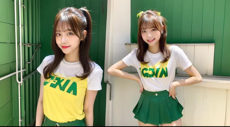 18-year-old cheergirl in T-shirt wearing yellow-green miniskirt