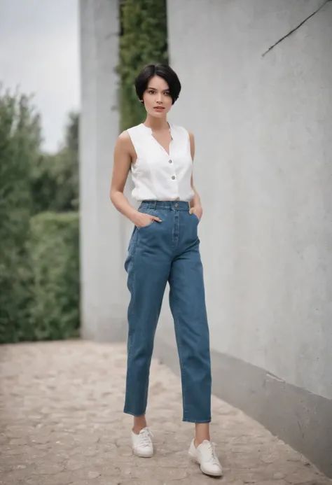 a young woman with Short black hair standing outside, in the style of cool,White vest, baggy denim pants, zeiss planar t* 80mm f/2.8, kodak portra, uhd image, sovietwave, distinct facial features,