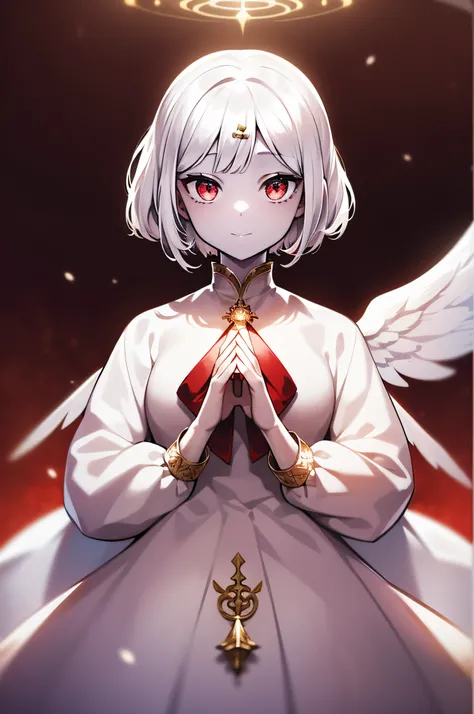 1girl, (HD). short white hair, (Gold hairpins on the head), ((Bright snow-white skin)), ((Angel)), ((Very lush angel wings)), protruding hair, A large red circle overhead, red-eyes, She is dressed in white clothes with gold patterns, Snide smile, holding a...