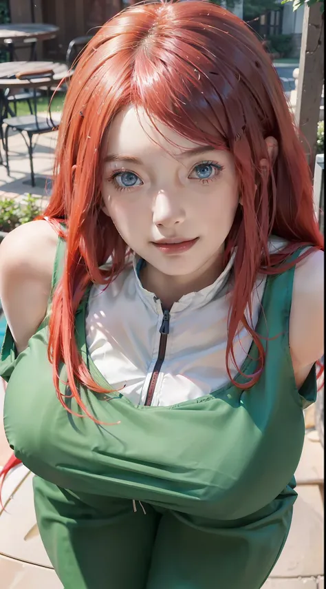 1girl, uzumaki kushina in anime naruto, long hair, red hair, blue eyes, smile, beautiful, sexy dress, sexy clothes, green clothes, very big breast, realistic clothes, detail clothes, outdoor background, ultra detail, realistic