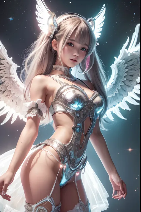 Cyborg, Girl, Beautiful girl, Cute, Sexy, Strong, Slender, Delicate, Smile, (Lolita costume), High legs, Metallic, ultra color, paisley, Headgear, mandalas, Near future, Heaven, angel, feater, wing, Helix lamp