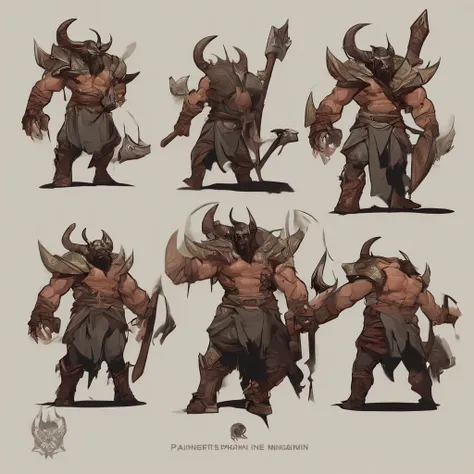 There was a man with a horned head holding a large axe, minotaur warrior, Minotaur, minotaur in ancient armor, , minotaur from path of exile, a minotaur wolf, portrait of a minotaur, minotaur warrior with axe,(Struggling in pain:1.8),break ones heart，Paine...