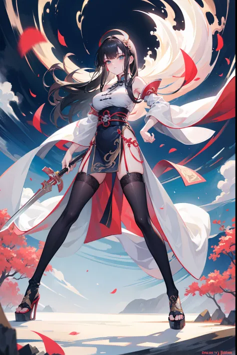 in front of a huge chinese-style building，image of a female swordsman holding a sword and a large number of swords，seductiveexpr...