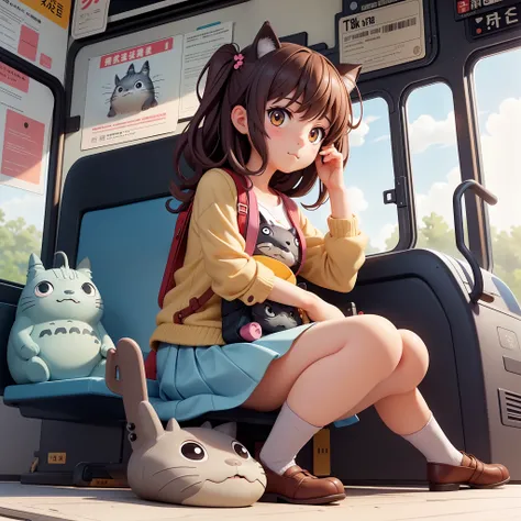 Girl on a cat-shaped bus, Totoro next door with empty eyes, adventure, animesque, masutepiece, Super Detail, Best Quality