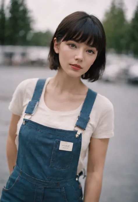 a young woman with Short black hair with flat bangs standing outside, in the style of cool,White sports suspenders and baggy jeans, zeiss planar t* 80mm f/2.8, kodak portra, uhd image, sovietwave, distinct facial features,