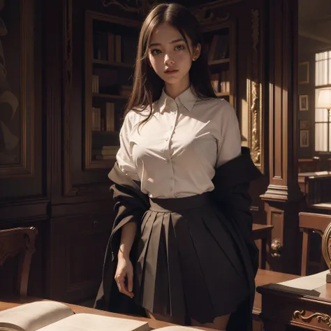 chiaroscuro, masterpiece, Super Detail, High quality, awardwinning, 8K, (girl), Solo, business attire, skirt, white shirt, Upper body, (close-up), portrait style, standing at front, Traditional Libraries, antique interior, Wall-to-wall bookshelves, a desk,...