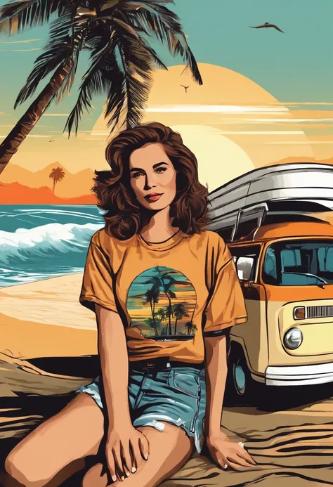 2d vector illustration, tshirt design for Geep girl, summers, palm trees, (surf: 1.1), (combi), sunrays, (best quality, masterpiece: 1.3), minimalist, (8 colors)