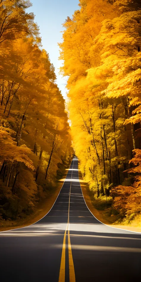 autumnal，The forest on the mountain has turned golden yellow，One day, the road winds its way up from the bottom up，Medium shot，16K HD，Photorealistic photos