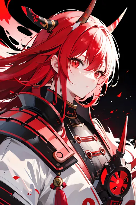 Red and white gradient hair，oni horn，Black-red gradient angle，samurai armor，highly detailed armor，busts，delicated，with black background。