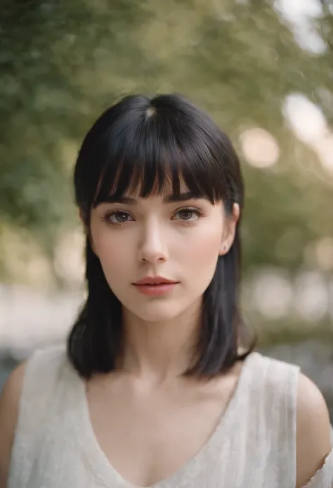 a young woman with Short black hair with flat bangs standing outside, in the style of cool,White sports  and baggy jeans, zeiss planar t* 80mm f/2.8, kodak portra, uhd image, sovietwave, distinct facial features,