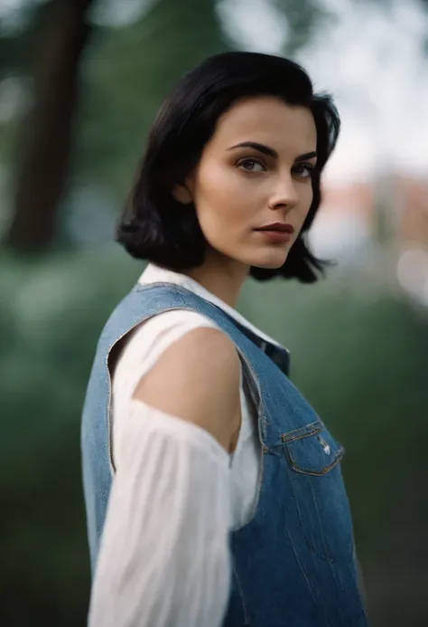 a young woman with Short black hair standing outside, in the style of cool,White vest, baggy denim pants, zeiss planar t* 80mm f/2.8, kodak portra, uhd image, sovietwave, distinct facial features,