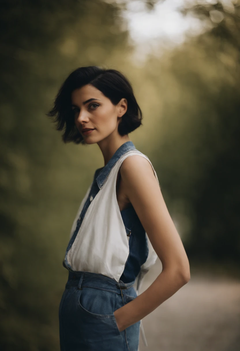 a young woman with Short black hair standing outside, in the style of cool,White vest, baggy denim pants, zeiss planar t* 80mm f/2.8, kodak portra, uhd image, sovietwave, distinct facial features,