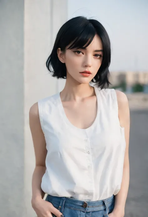 a young woman with Short black hair standing outside, in the style of cool,White vest, baggy denim pants, zeiss planar t* 80mm f/2.8, kodak portra, uhd image, sovietwave, distinct facial features,