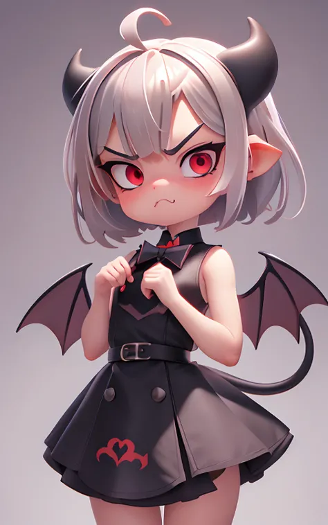 Pixar, 1girl in, Devilish appearance, (short silver hair:1.5), Eyes are red, blush, (Ahoge:1.2), eyes gentle, (angry looking face:1.2), Hair Bow, (Black devil wings and tail grow:1.3), Black sheep horns grow, Devilish dress, 独奏, Bangs, femele, Upper body