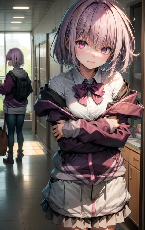 shinjou akane, light purple hair, (pink eyes:1.2), short hair,