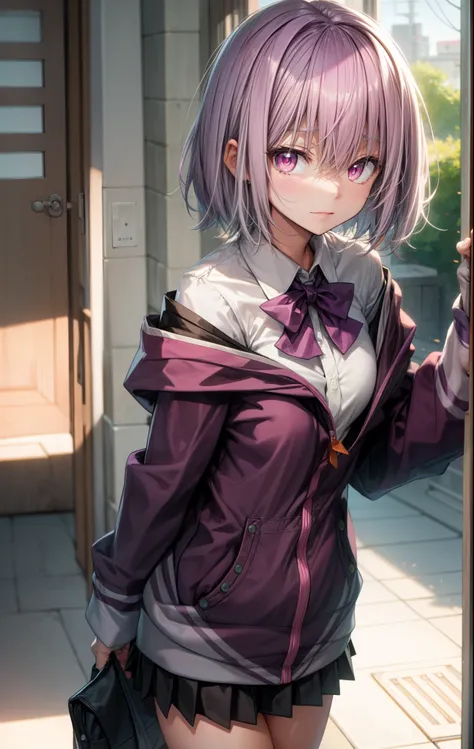 shinjou akane, light purple hair, (pink eyes:1.2), short hair,