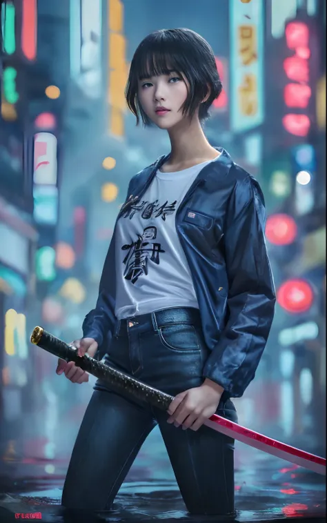 The realistic photo, Movie poster, movie title says:"frog" with sub text says:"black rain," shows the deep submerged city of Tokyo with a sexy and cool, natural short hair teenage girl wearing a modern boyish, White T-shirt and black slim denim with so lig...