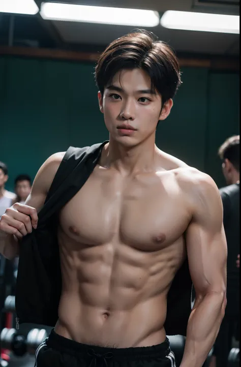 Best quality, super high resolution, (realistic: 1.4), bust photo, gym, 1 asian boy, standing, gym clothes, short hair, upper body naked, muscles, shorts, yang yang, (looking at the audience), (close-up)