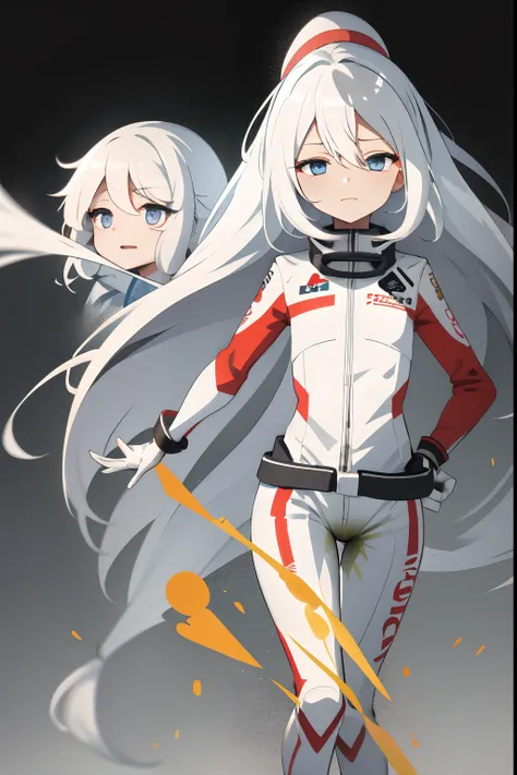 nothing background，Long pure white hair，White skinny racing suit，Be red in the face，pretty eyes（Girl leaking urine），leaked pee