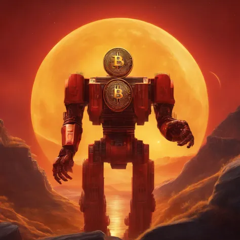 bitcoin, robot, science fiction, red, gold, monster, sun,