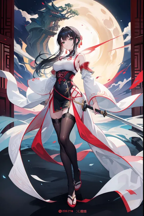 in front of a huge chinese-style building，image of a female swordsman holding a sword and a large number of swords，seductiveexpr...