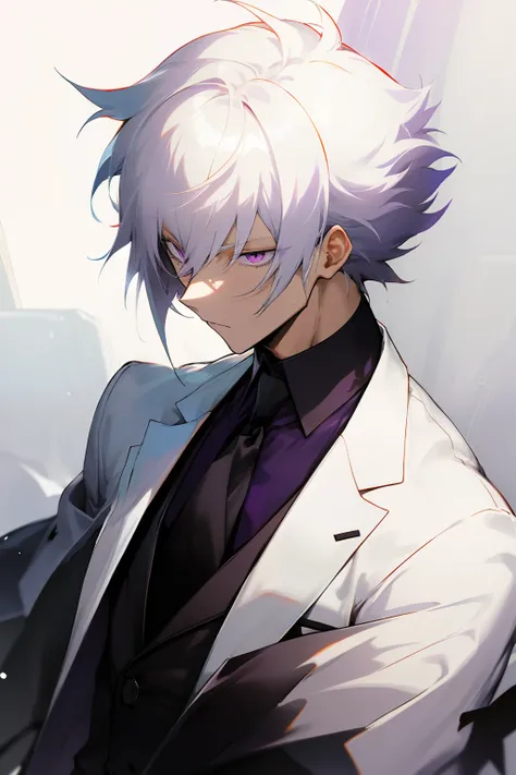 anime, boy, white hair, medium short hair, purplish white eyes, stylish black suit and tie, black pants, messy hair, upper body