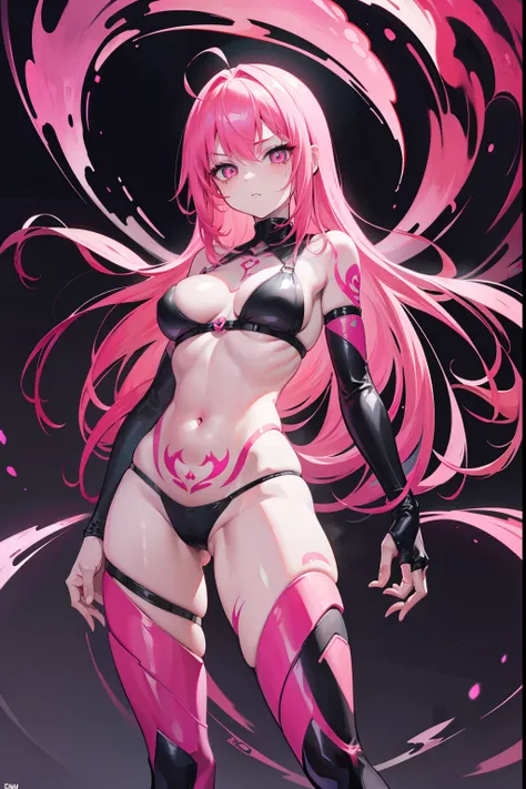 In the world of hell，Girl with pink hair in symbiote suit，There is a bright pink tattoo in the style of the uterus on the lower abdomen，Bright pink pupils，front poses，MuCoi，Slippery Nipple，Full body detail 4K，Dreamlike，and its detailed full-body detail 4K