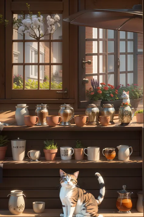 Coffee shop window, The cat looks outside, Arrange the pots, and the sun was shining brightly, the detail， 4K， k hd， high high quality.