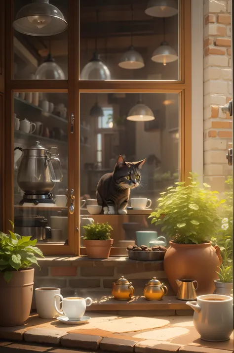 Coffee shop window, The cat looks outside, Arrange the pots, and the sun was shining brightly, the detail， 4K， k hd， high high quality.