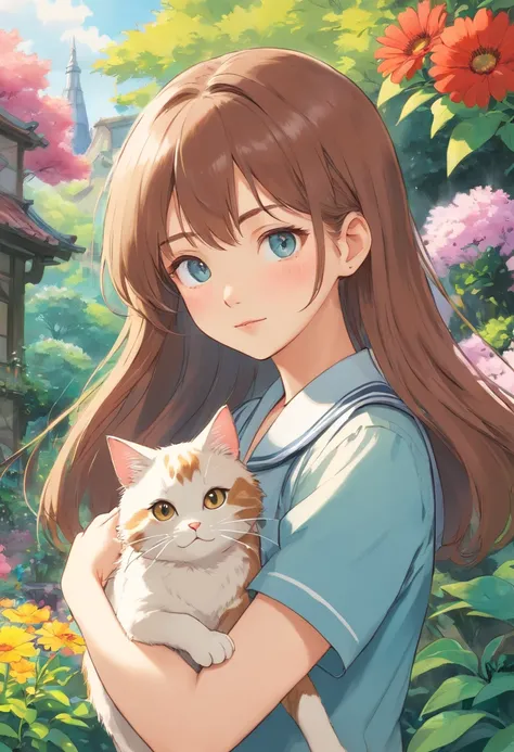 (best quality,highres:1.2),girl in high school uniform,cat,beautiful detailed eyes,beautiful detailed lips,soft pettable fur,peaceful expression,stroking the cat,scenic garden background,morning sunlight,medium:pencil sketching,ultra-fine detailing,vibrant...