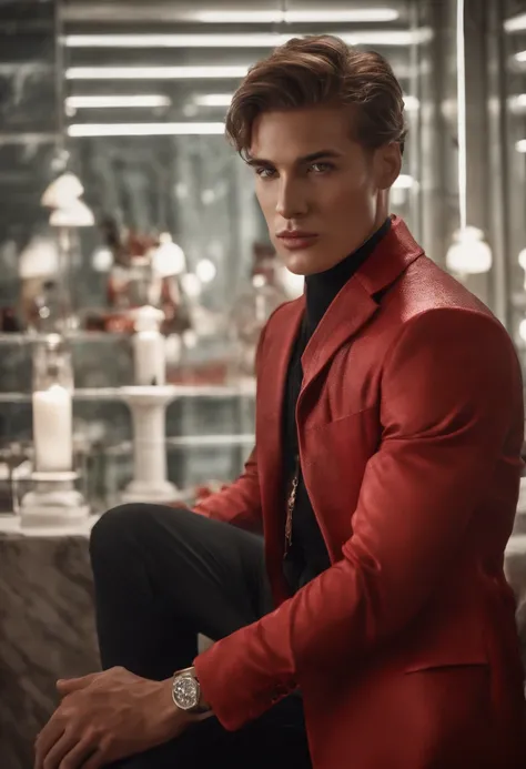 various organic cyborgs with essences of male models from salvatore Ferragamo male campaigns posing in group for camera, red plastic (pantone color tone 3546C), diffused lighting, fantasy, intricate, elegant, dressed in bright red salvatore ferragamo tailo...